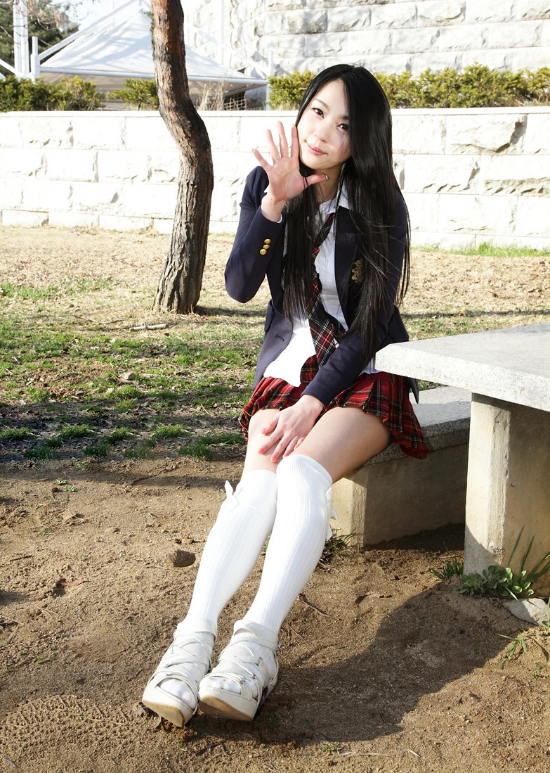 Brunette Asian Schoolgirl wearing White Kneehigh Socks and White Sandal Shoes